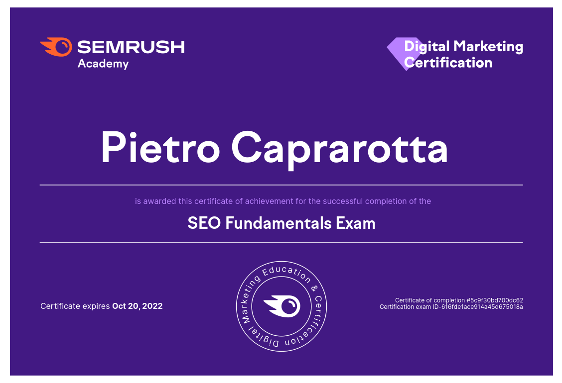 Attestato Fondamenti della SEO - Pietro Caprarotta - Xiweb SEMrush-Academy