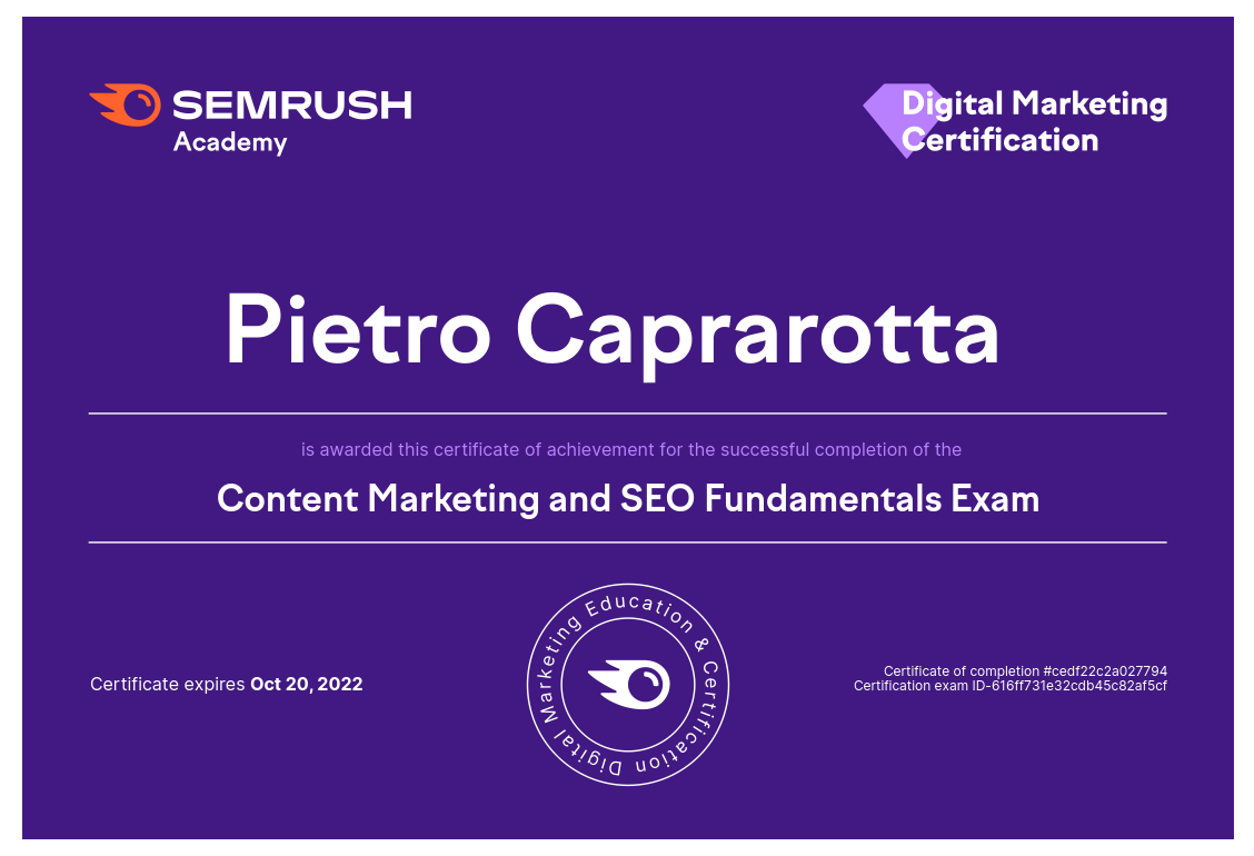 Attestato Content Marketing e SEO- Pietro Caprarotta - Xiweb SEMrush-Academy