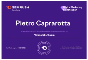 Attestato Mobile SEO - Pietro Caprarotta - Xiweb SEMrush-Academy